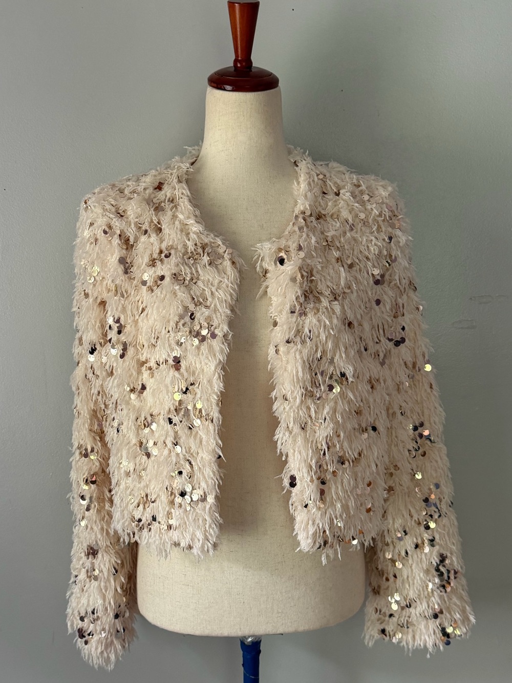Mustard Seed Champagne Sequin Faux Feather Jacket